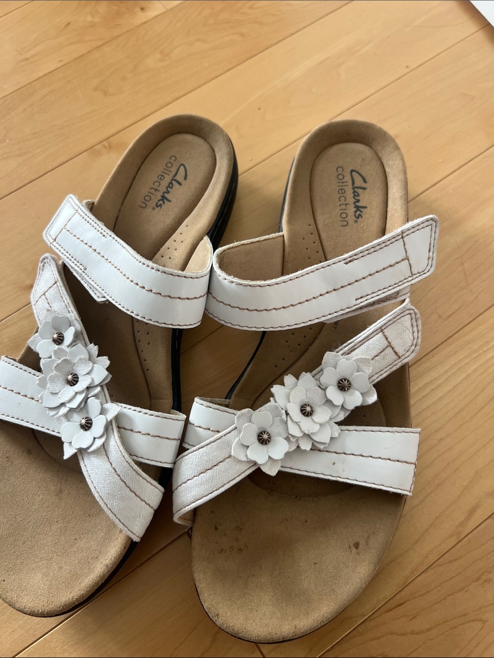 Clarks White Floral Leather Strap Sandals
